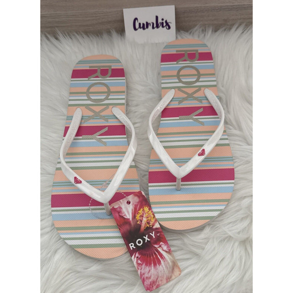 ROXY Women's Sandal Flip Flops SZ 10 -41 EUR White Pink Stripes Multicolor - Picture 1 of 10